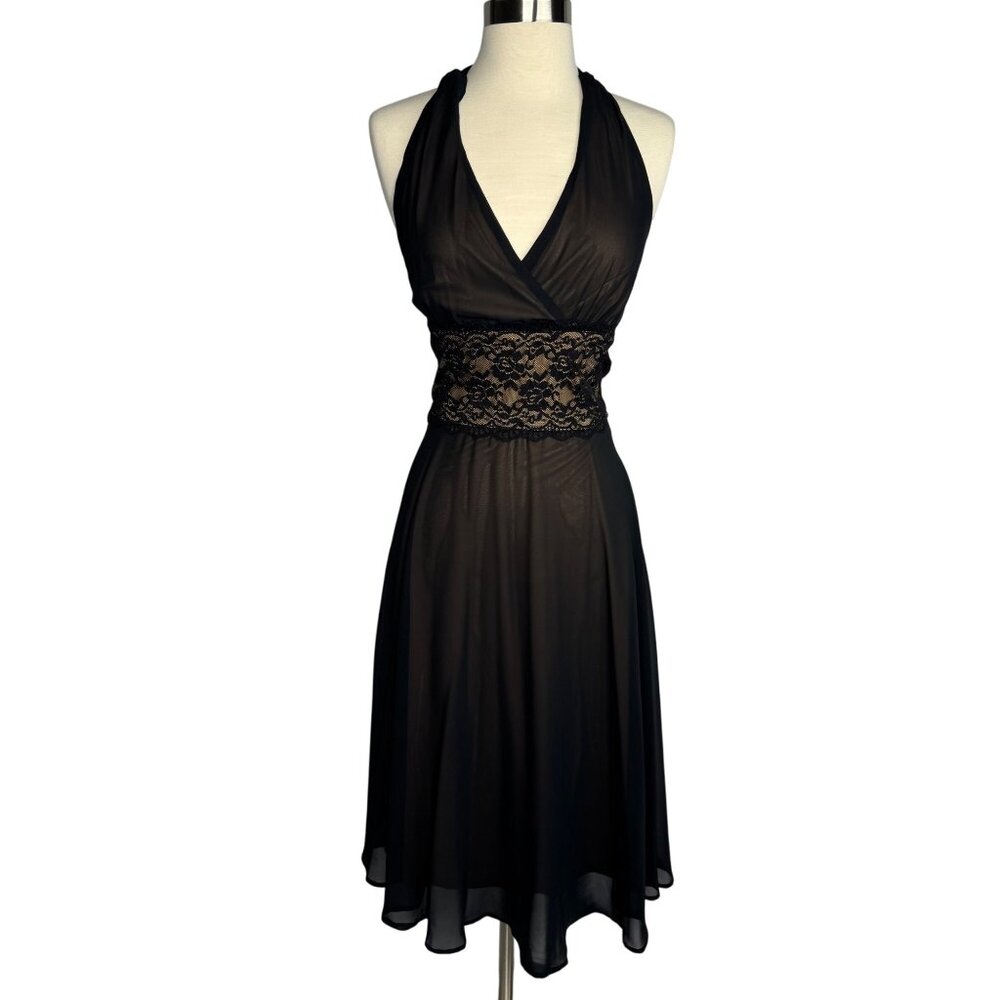 Vintage Y2K Whimsigoth Dressbarn Sheer Black Halter Dress With Lace Waist Sz 8